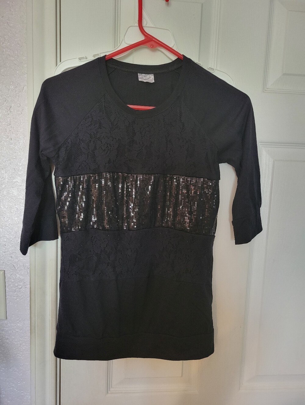 Black Sequin Lace Panel Women's Top